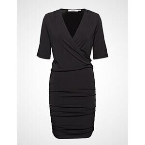 Gestuz Hallie Surplice V-Neck Ruched Knee Length Wrap Dress Black Women's XS NWT